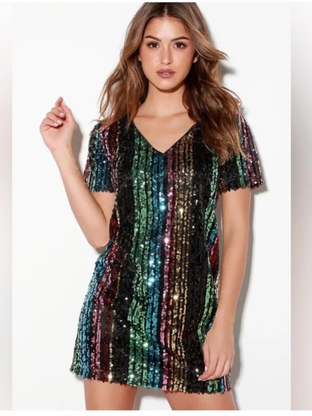 Fun Lulu's Multicolor Sequin Stripe V-Neck Mini Dress NEW